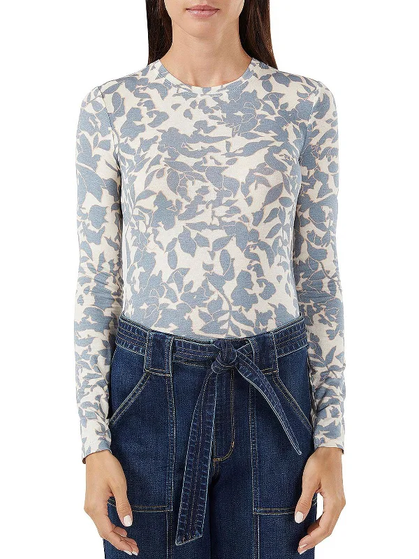 Womens Printed Crewneck T-Shirt Satin Blend Silk Blend Wool Blend