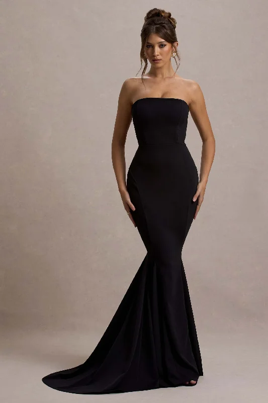 Impress Me | Black Strapless Bandeau Fishtail Maxi Dress Cozy Open-Back Maxi Dress