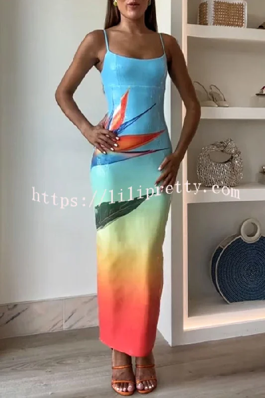 Dreamy Dreamy Sequin Unique Floral Gradient Print Slit Stretch Maxi Dress Stylish Boho Chic Maxi Dress