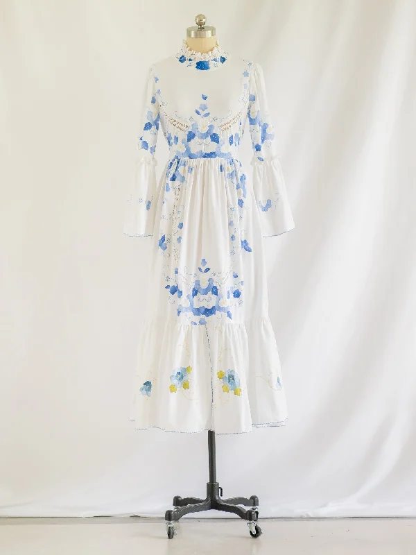 Re-design Upcycled Ruffle Neck Blue Floral Embroidery Maxi Dress Classic V-Neck Maxi Dress