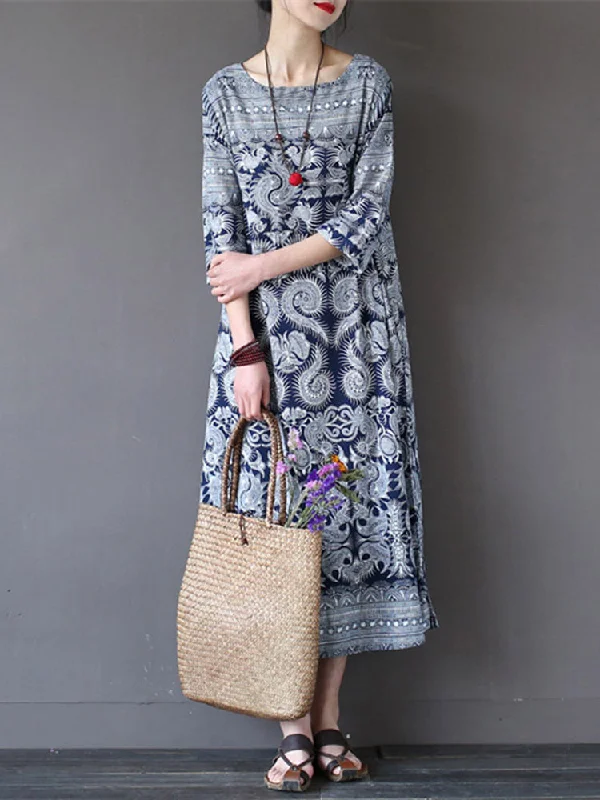 Women Loose Retro Printing 3/4 Sleeve Maxi Dress Classic A-Line Maxi Dress