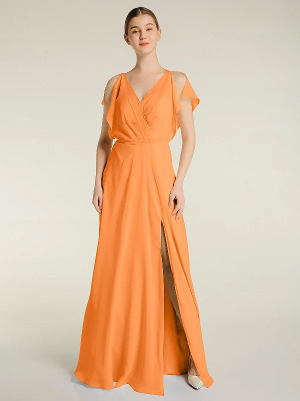 V Neckline Chiffon Maxi Dresses with Slit Orange Comfortable Fit-and-Flare Maxi Dress V Neckline Chiffon Maxi Dresses with Slit Orange Comfortable Fit-and-Flare Maxi Dress