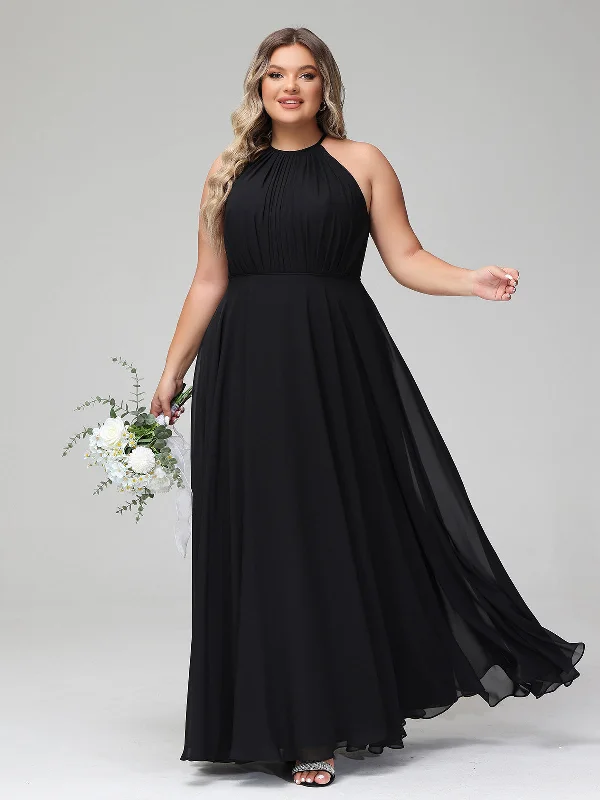 Halter Neck Chiffon Maxi Dress with Circle Skirt-Black Plus Size Cozy Cold-Shoulder Maxi Dress Halter Neck Chiffon Maxi Dress with Circle Skirt-Black Plus Size Cozy Cold-Shoulder Maxi Dress