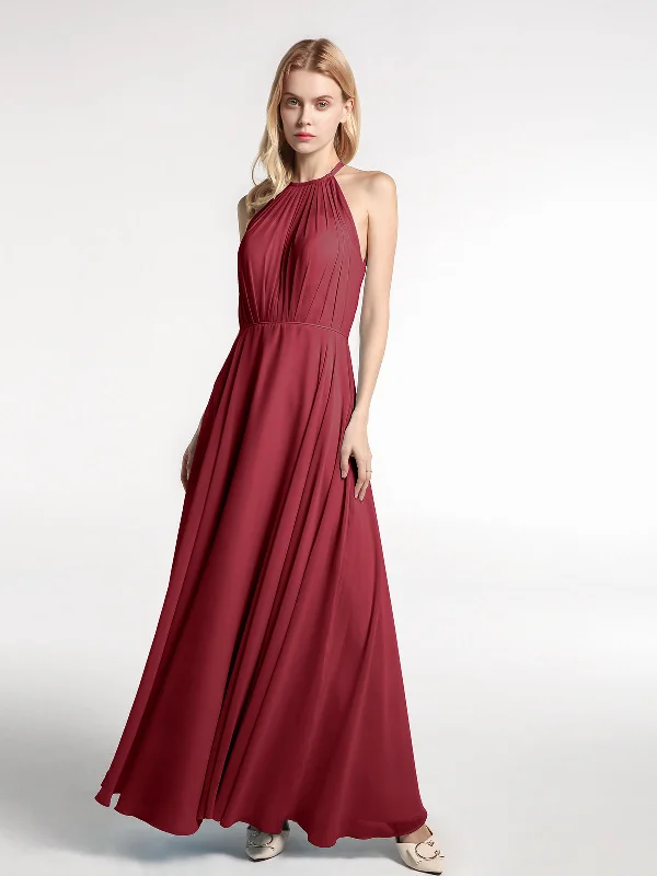 Halter Neck Chiffon Maxi Dress with Circle Skirt-Burgundy Stylish Button-Up Maxi Dress Halter Neck Chiffon Maxi Dress with Circle Skirt-Burgundy Stylish Button-Up Maxi Dress