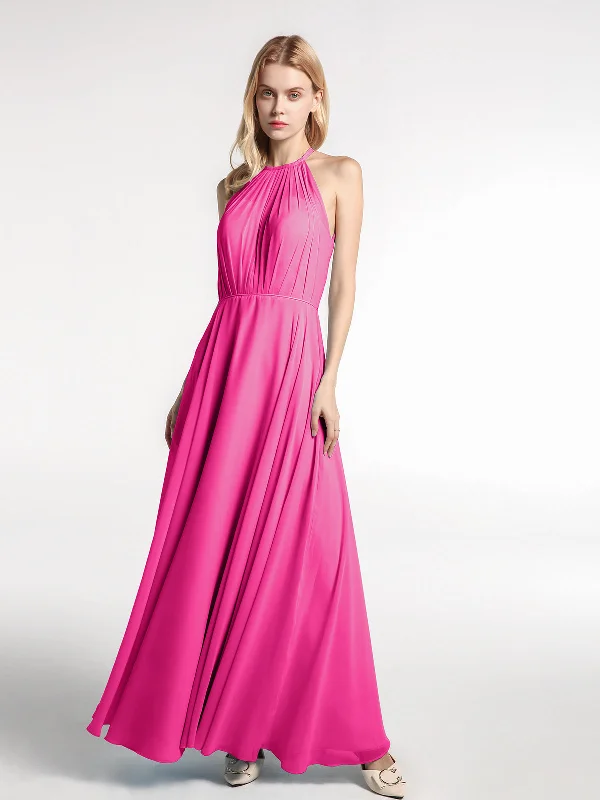 Halter Neck Chiffon Maxi Dress with Circle Skirt-Fuchsia Fashionable High-Waist Maxi Dress Halter Neck Chiffon Maxi Dress with Circle Skirt-Fuchsia Fashionable High-Waist Maxi Dress