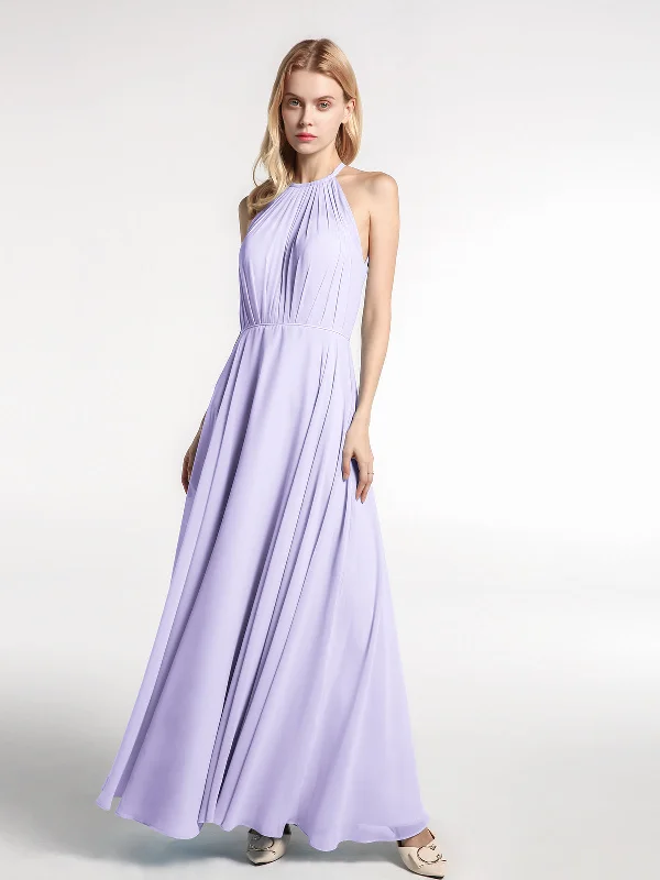 Halter Neck Chiffon Maxi Dress with Circle Skirt-Lilac Fashionable Off-Shoulder Maxi Dress Halter Neck Chiffon Maxi Dress with Circle Skirt-Lilac Fashionable Off-Shoulder Maxi Dress