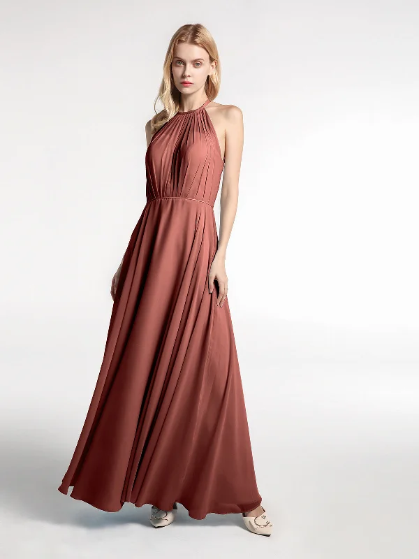 Halter Neck Chiffon Maxi Dress with Circle Skirt-Terracotta Stylish Pleated A-Line Maxi Dress Halter Neck Chiffon Maxi Dress with Circle Skirt-Terracotta Stylish Pleated A-Line Maxi Dress