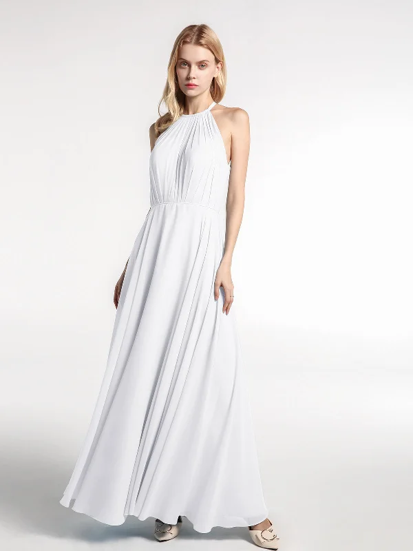 Halter Neck Chiffon Maxi Dress with Circle Skirt-White Fashionable Sleeveless Maxi Dress Halter Neck Chiffon Maxi Dress with Circle Skirt-White Fashionable Sleeveless Maxi Dress