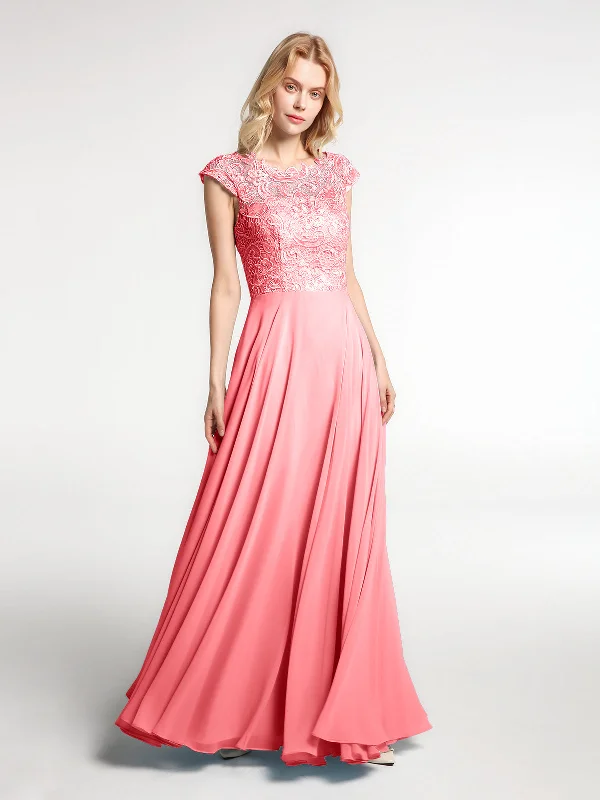 Illusion Wrap Neck Lace and Chiffon Maxi Dress-Watermelon Elegant Wraparound Maxi Dress Illusion Wrap Neck Lace and Chiffon Maxi Dress-Watermelon Elegant Wraparound Maxi Dress