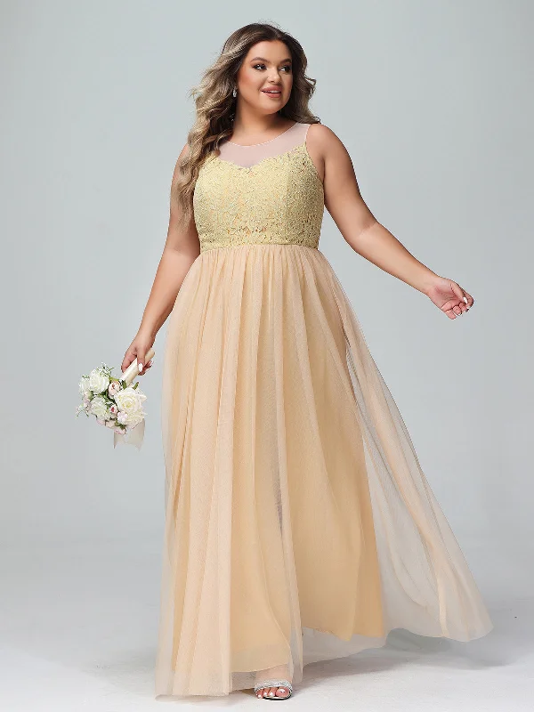 Illusion Neckline Lace and Tulle Maxi Dress-Gold Plus Size Classic A-Line Maxi Dress Illusion Neckline Lace and Tulle Maxi Dress-Gold Plus Size Classic A-Line Maxi Dress