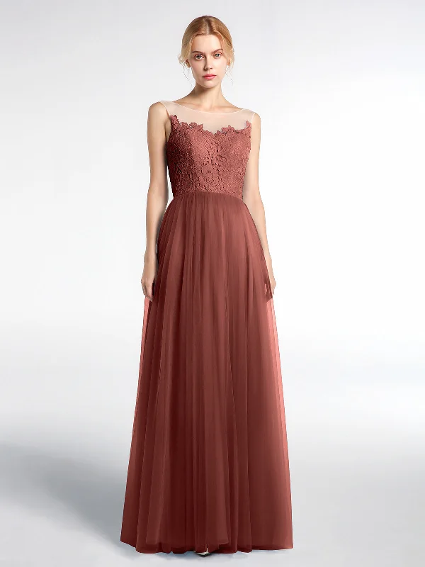 Illusion Neckline Lace and Tulle Maxi Dress-Terracotta Comfortable Fitted Maxi Dress Illusion Neckline Lace and Tulle Maxi Dress-Terracotta Comfortable Fitted Maxi Dress