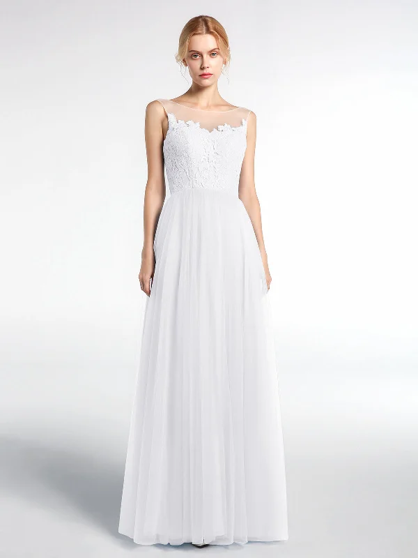 Illusion Neckline Lace and Tulle Maxi Dress-White Comfortable Maxi Dress with Sleeves Illusion Neckline Lace and Tulle Maxi Dress-White Comfortable Maxi Dress with Sleeves