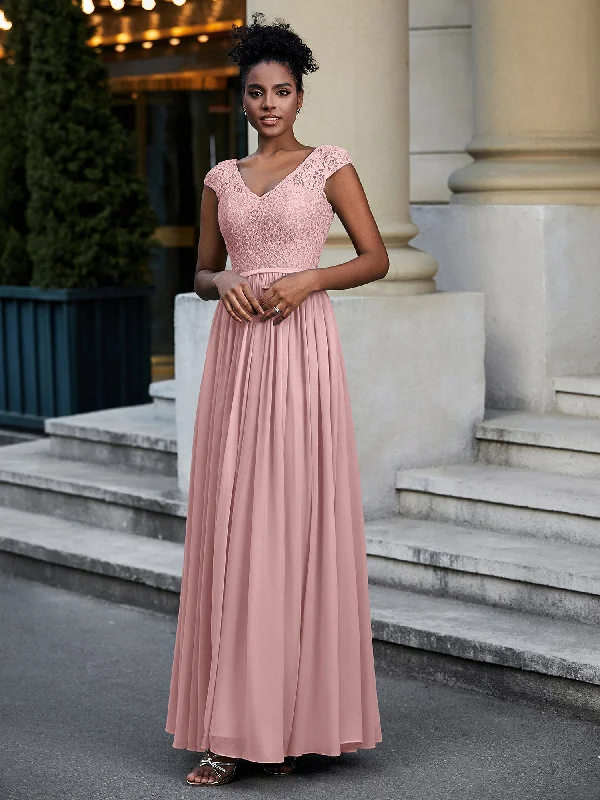 Lace and Chiffon Maxi Dress with Cap Sleeves-Dusty Rose Stylish One-Shoulder Maxi Dress Lace and Chiffon Maxi Dress with Cap Sleeves-Dusty Rose Stylish One-Shoulder Maxi Dress