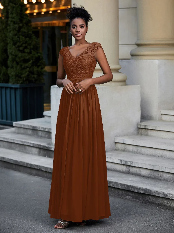 Lace and Chiffon Maxi Dress with Cap Sleeves-Terracotta Elegant Maxi Dress with Belt Lace and Chiffon Maxi Dress with Cap Sleeves-Terracotta Elegant Maxi Dress with Belt