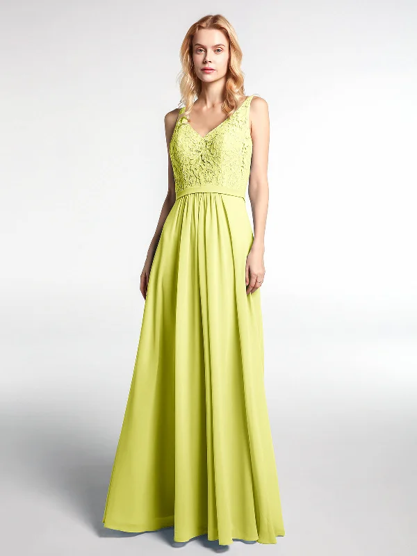 Lace Bodice Chiffon Skirt Maxi Dress with V-neck-Daffodil Comfortable Satin Maxi Dress Lace Bodice Chiffon Skirt Maxi Dress with V-neck-Daffodil Comfortable Satin Maxi Dress