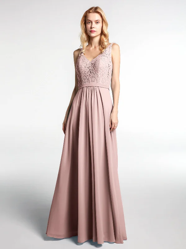 Lace Bodice Chiffon Skirt Maxi Dress with V-neck-Dusty Rose Comfortable Fitted Maxi Dress Lace Bodice Chiffon Skirt Maxi Dress with V-neck-Dusty Rose Comfortable Fitted Maxi Dress