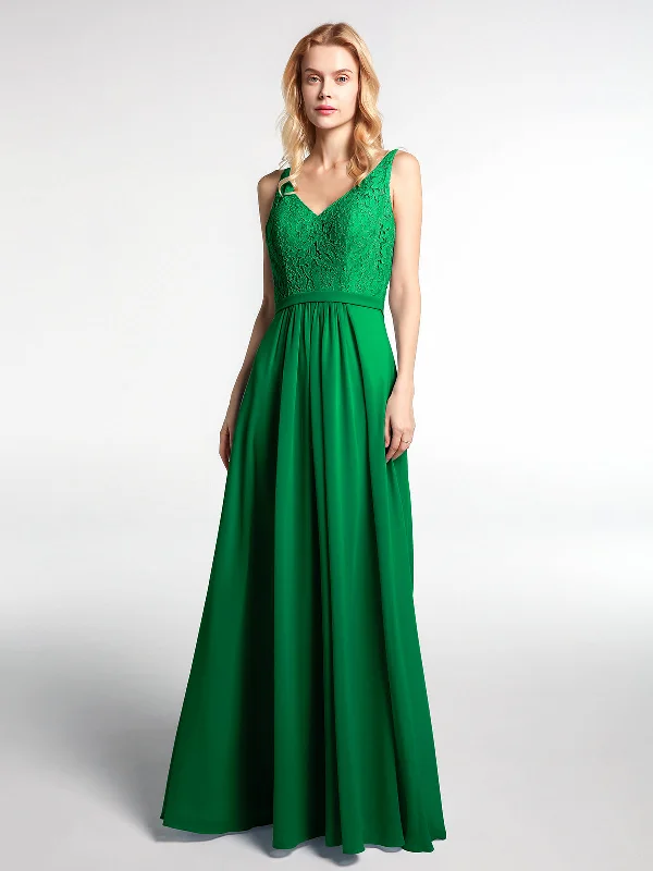 Lace Bodice Chiffon Skirt Maxi Dress with V-neck-Emerald Comfortable Ruffle Hem Maxi Dress Lace Bodice Chiffon Skirt Maxi Dress with V-neck-Emerald Comfortable Ruffle Hem Maxi Dress