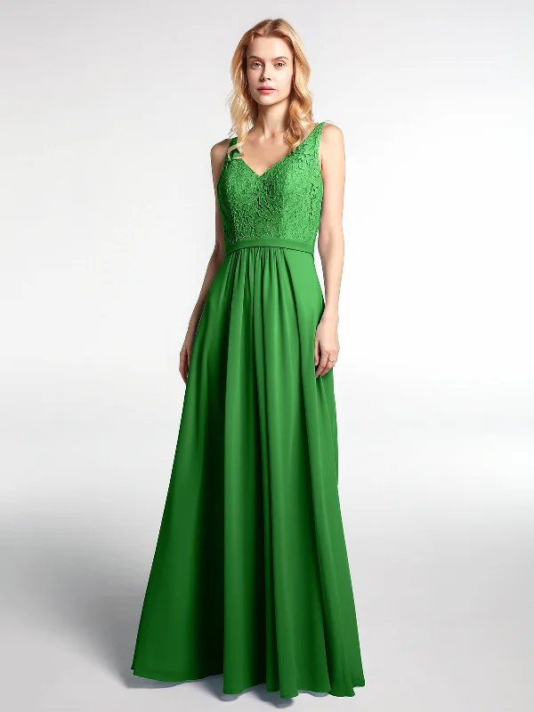 Lace Bodice Chiffon Skirt Maxi Dress with V-neck-Green Comfortable Maxi Dress with Slits Lace Bodice Chiffon Skirt Maxi Dress with V-neck-Green Comfortable Maxi Dress with Slits