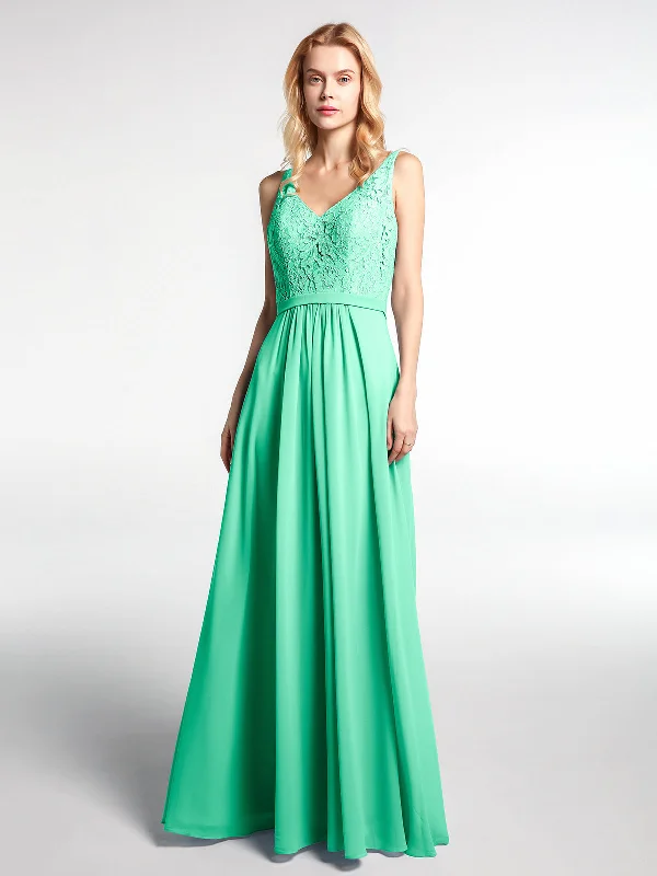 Lace Bodice Chiffon Skirt Maxi Dress with V-neck-Turquoise Elegant Sleeveless Maxi Dress Lace Bodice Chiffon Skirt Maxi Dress with V-neck-Turquoise Elegant Sleeveless Maxi Dress