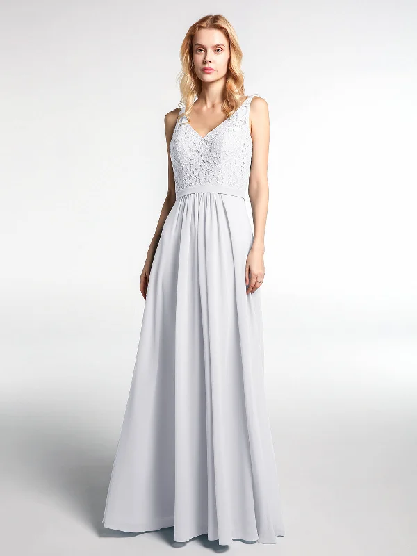 Lace Bodice Chiffon Skirt Maxi Dress with V-neck-White Stylish One-Shoulder Maxi Dress Lace Bodice Chiffon Skirt Maxi Dress with V-neck-White Stylish One-Shoulder Maxi Dress