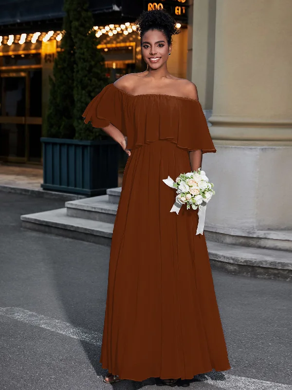 Off the Shoulder Ruffles Chiffon Maxi Dress-Terracotta Elegant Maxi Dress with Drapes Off the Shoulder Ruffles Chiffon Maxi Dress-Terracotta Elegant Maxi Dress with Drapes