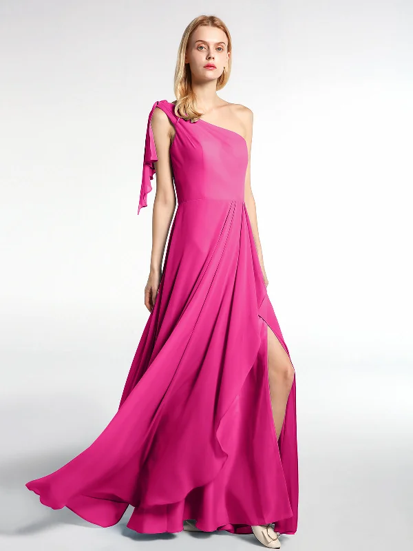 One Shoulder Chiffon Maxi Dress with Cascade-Fuchsia Comfortable Fit-and-Flare Maxi Dress One Shoulder Chiffon Maxi Dress with Cascade-Fuchsia Comfortable Fit-and-Flare Maxi Dress