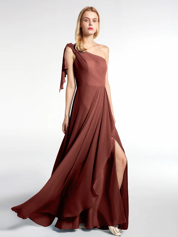One Shoulder Chiffon Maxi Dress with Cascade-Terracotta Comfortable Plunging Neckline Maxi Dress One Shoulder Chiffon Maxi Dress with Cascade-Terracotta Comfortable Plunging Neckline Maxi Dress