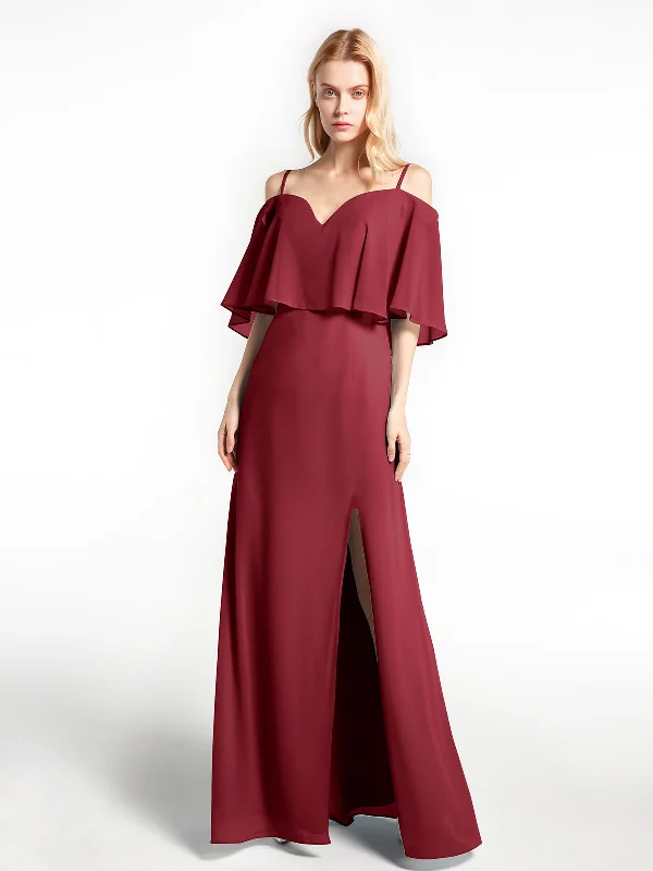 Ruffled Cold Shoulder Maxi Dress with Flounce Overlay Burgundy Elegant Maxi Dress with Slit Ruffled Cold Shoulder Maxi Dress with Flounce Overlay Burgundy Elegant Maxi Dress with Slit
