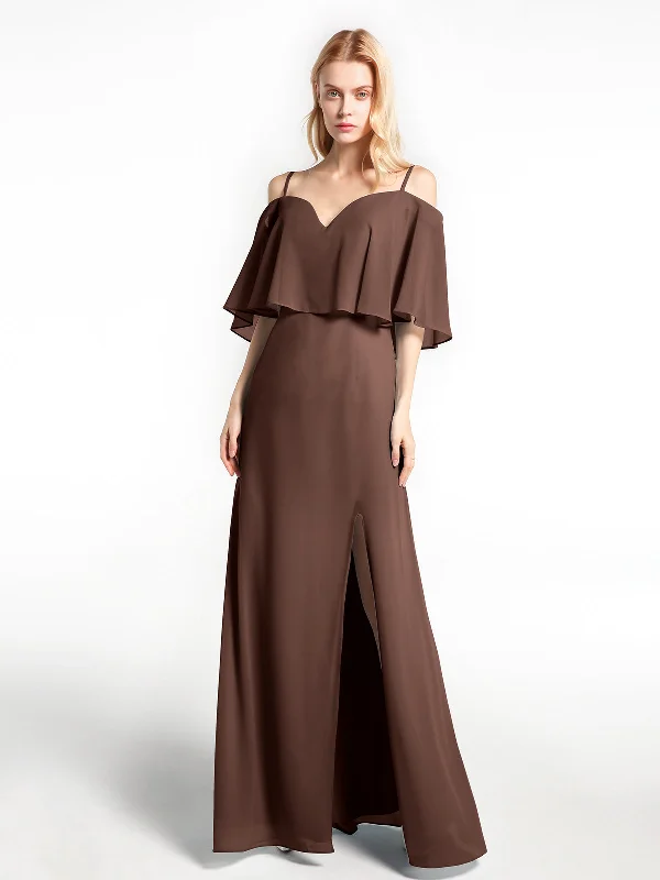 Ruffled Cold Shoulder Maxi Dress with Flounce Overlay Chocolate Elegant Floral Maxi Dress Ruffled Cold Shoulder Maxi Dress with Flounce Overlay Chocolate Elegant Floral Maxi Dress