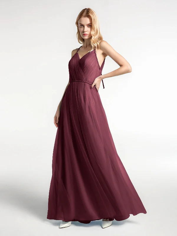 Twist Straps Tulle Maxi Dress with V Neckline Cabernet Fashionable Off-Shoulder Maxi Dress Twist Straps Tulle Maxi Dress with V Neckline Cabernet Fashionable Off-Shoulder Maxi Dress