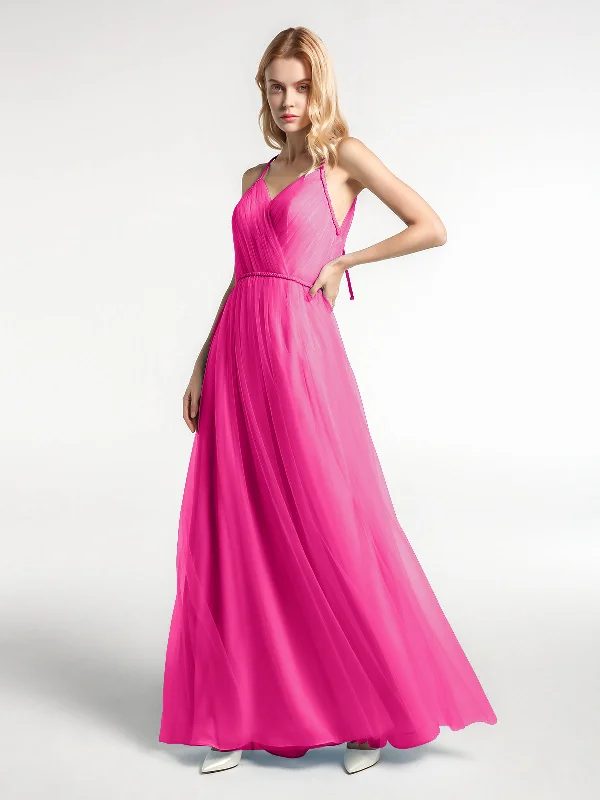 Twist Straps Tulle Maxi Dress with V Neckline Fuchsia Elegant Maxi Dress with Pockets Twist Straps Tulle Maxi Dress with V Neckline Fuchsia Elegant Maxi Dress with Pockets