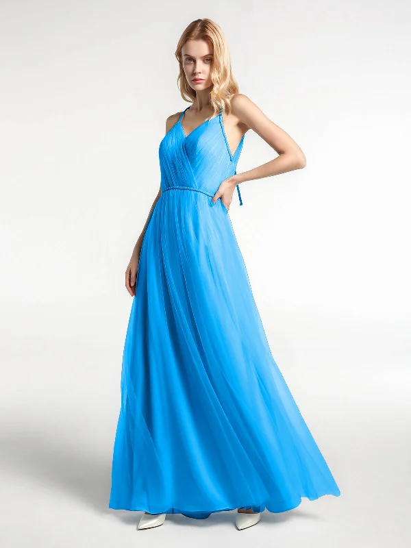 Twist Straps Tulle Maxi Dress with V Neckline Ocean Blue Fashionable High-Low Maxi Dress Twist Straps Tulle Maxi Dress with V Neckline Ocean Blue Fashionable High-Low Maxi Dress