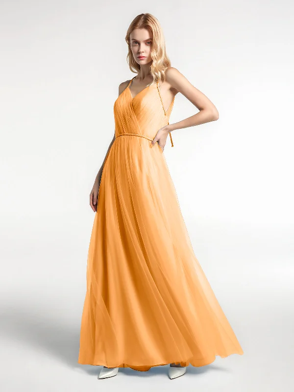Twist Straps Tulle Maxi Dress with V Neckline Tangerine Trendy Fit-and-Flare Maxi Dress Twist Straps Tulle Maxi Dress with V Neckline Tangerine Trendy Fit-and-Flare Maxi Dress