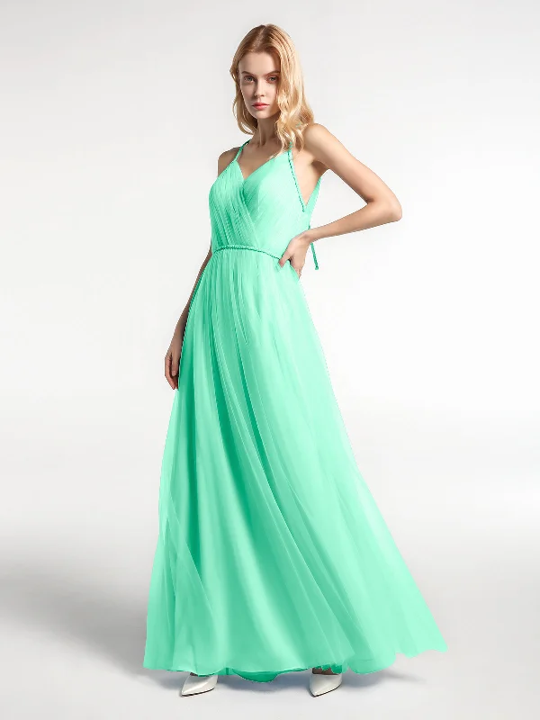 Twist Straps Tulle Maxi Dress with V Neckline Turquoise Stylish Maxi Dress with Frills Twist Straps Tulle Maxi Dress with V Neckline Turquoise Stylish Maxi Dress with Frills