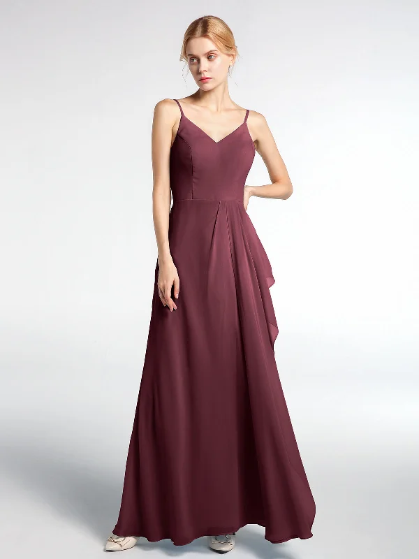 V-neck Chiffon Simple Maxi Dress with Spaghetti Straps-Cabernet Elegant Maxi Dress with Drapes V-neck Chiffon Simple Maxi Dress with Spaghetti Straps-Cabernet Elegant Maxi Dress with Drapes