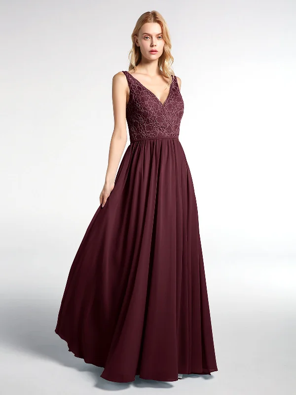 V-neck Lace Top Chiffon Skirt Maxi Dress-Cabernet Comfortable Plunging Neckline Maxi Dress V-neck Lace Top Chiffon Skirt Maxi Dress-Cabernet Comfortable Plunging Neckline Maxi Dress