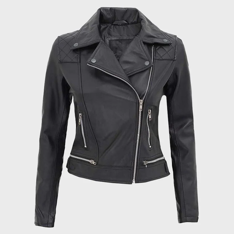 Asti Women Zipper Black Quilted Leather Jacket Embroidered Jacket Appliqued Jacket Beaded Jacket