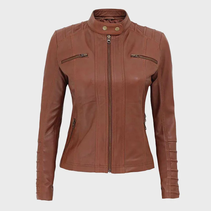 Aversa Women's Tan Quilted Biker Leather Jacket Faux Fur Jacket Real Fur Jacket Shearling Jacket