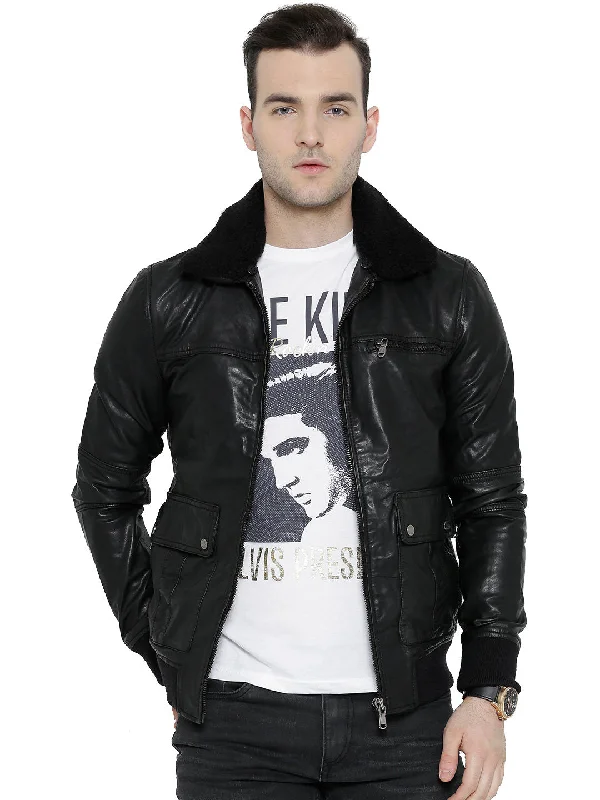 BARESKIN Black Leather Biker Jacket with Detachable Collar Denim Jacket Leather Jacket Suede Jacket