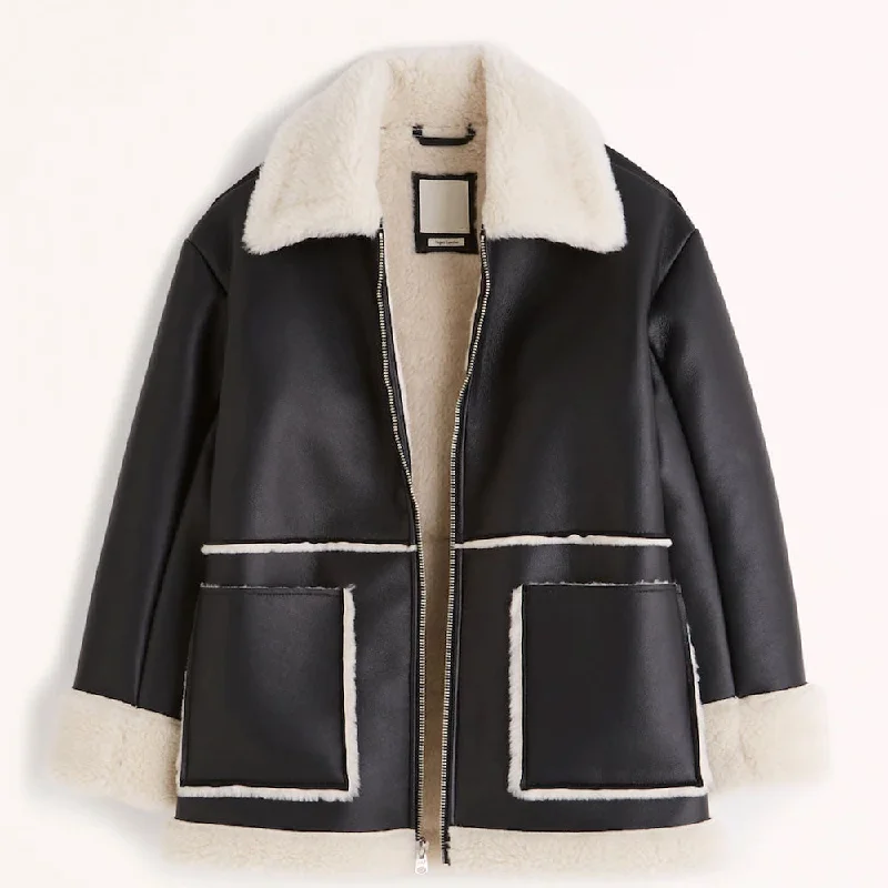 Black B3 RAF Aviator  Flight Shearling Leather Jacket For Women Knit Fabric Woven Fabric Fleece Fabric