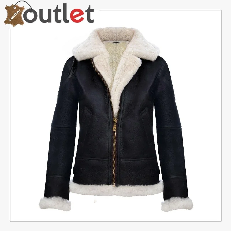 Brown Cream RAF Aviator B3 Womens Hooded Sheepskin Leather Jacket Notch Collar Jacket Peter Pan Collar Jacket Cowl Neck Jacket