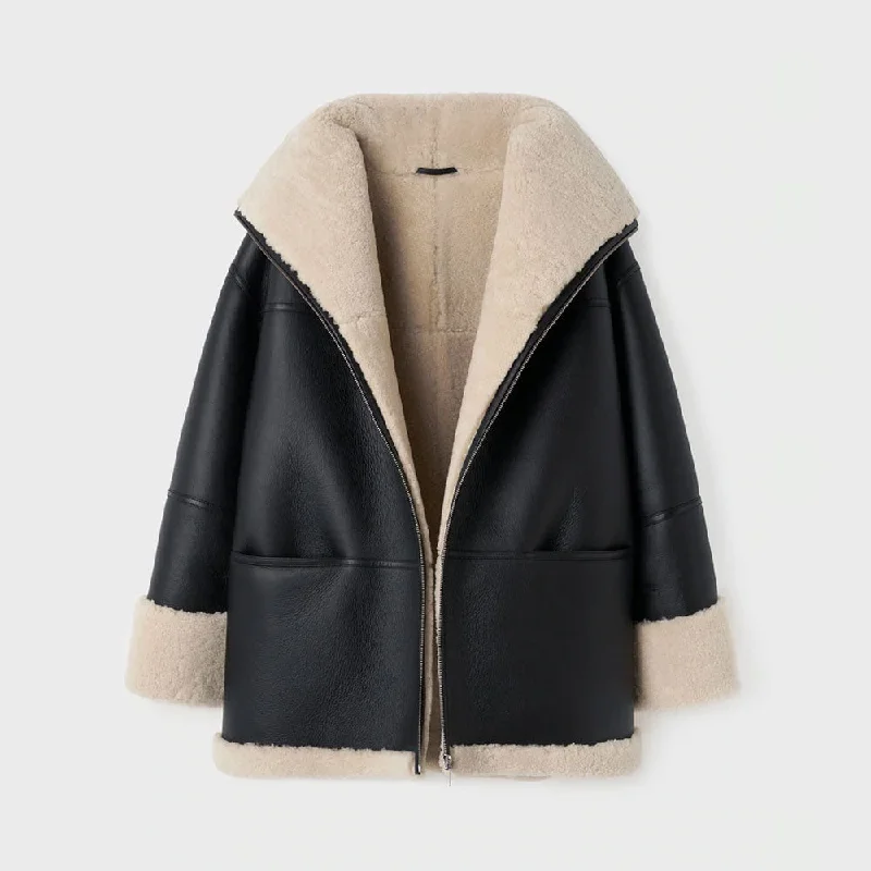 New Sheepskin Shearling RAF Aviator Styled  Leather Jacket For Women Snapped Jacket Toggled Jacket Drawstring Jacket