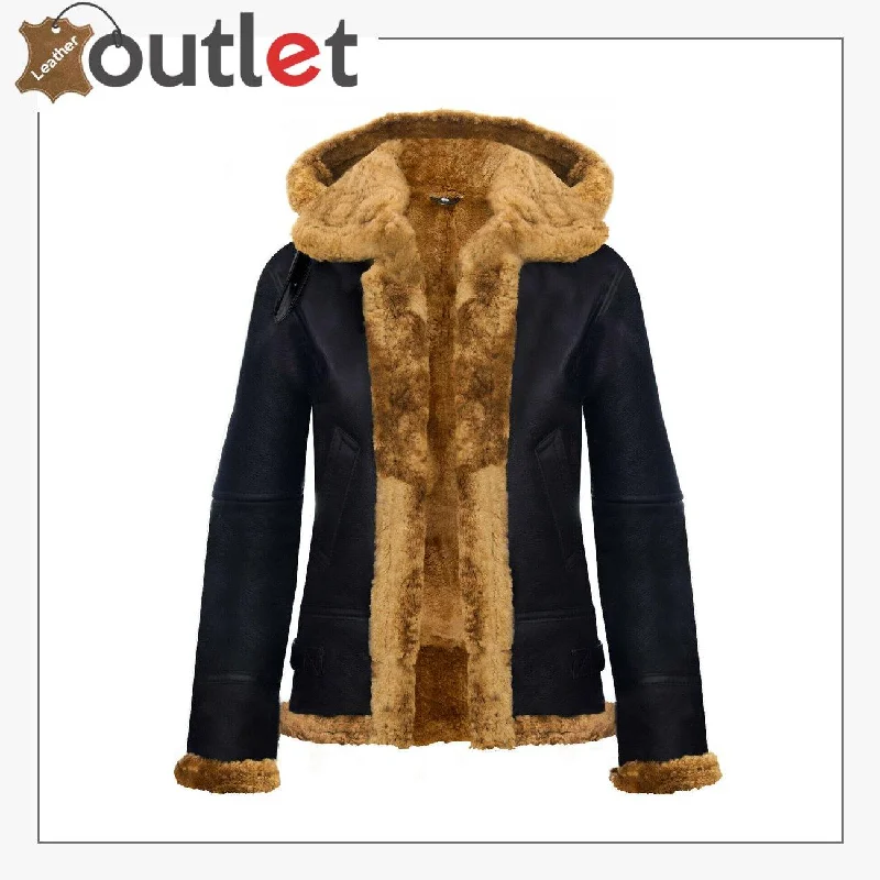 RAF Aviator Pilot Brown Womens Hooded Sheepskin Jacket B3 Flying Leather Jacket Chenille Fabric Brocade Fabric Lace Fabric