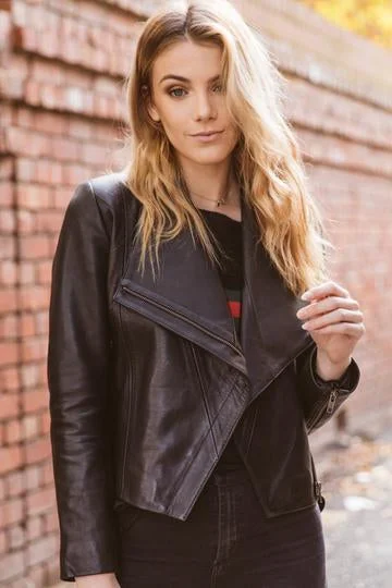 Sienna Black Lambskin Leather Jacket for Women Zippered Front Buttoned Front Snap Front