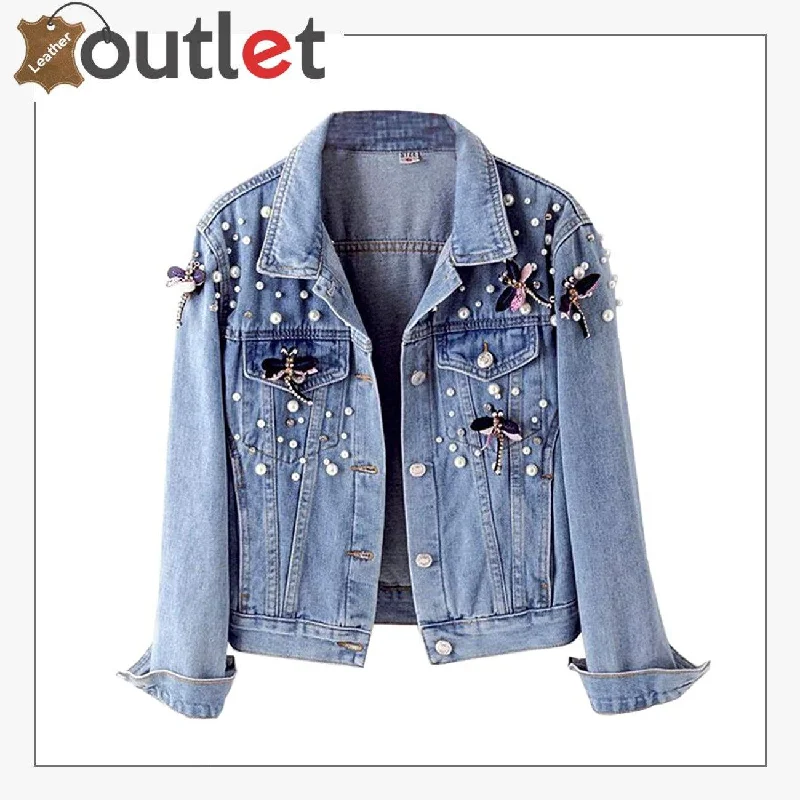 Stylish Denim Studded Jacket For Women Knit Fabric Woven Fabric Fleece Fabric