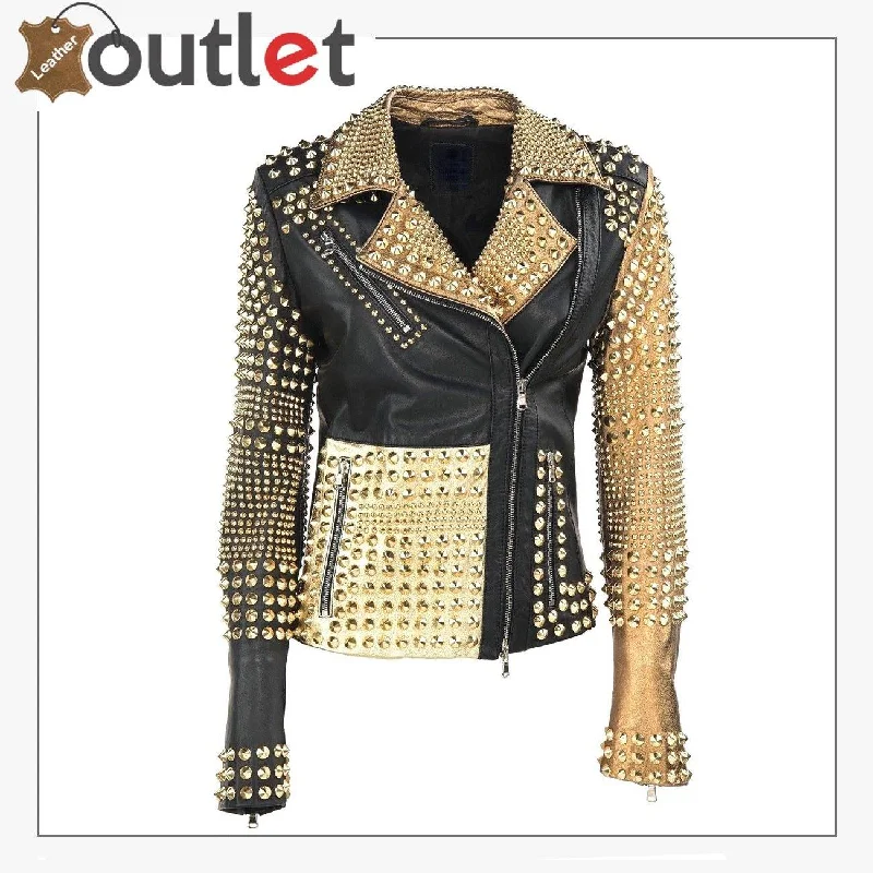 Stylish Golden Studded Black Brando Leather Jacket Faux Fur Jacket Real Fur Jacket Shearling Jacket