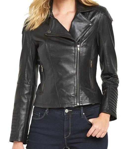 Super Venson Women Biker Leather Jackets One-Shoulder Jacket Off-the-Shoulder Jacket Asymmetrical Jacket