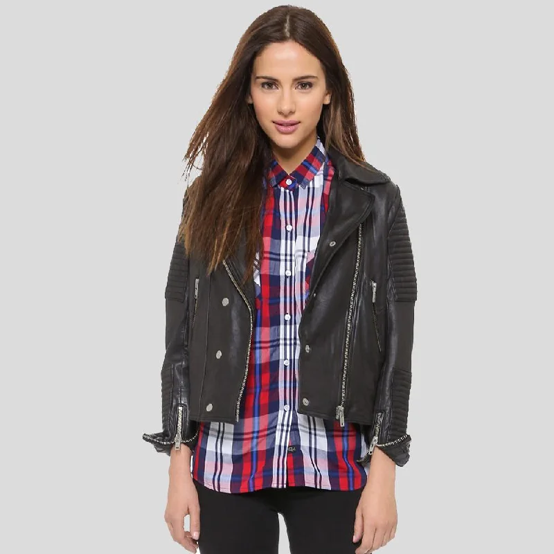 Sylvie Black Motorcycle Quilted Leather Jacket V-Neck Jacket Boat Neck Jacket Square Neck Jacket