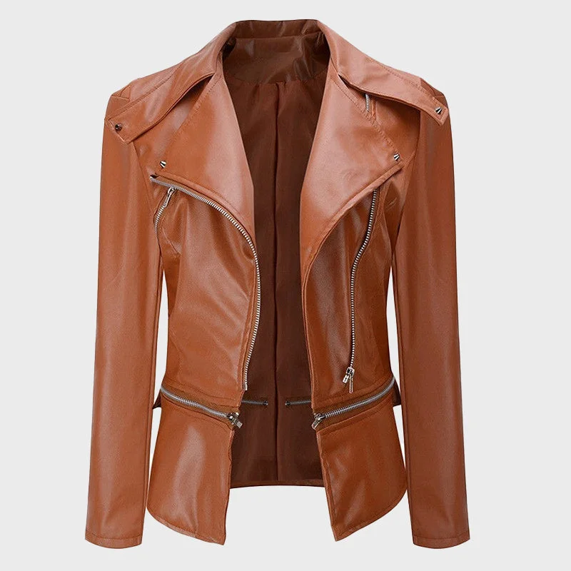 Women’s Real Leather Short Fashion Biker Jacket Hoodie Zip-Up Jacket Button-Up Jacket
