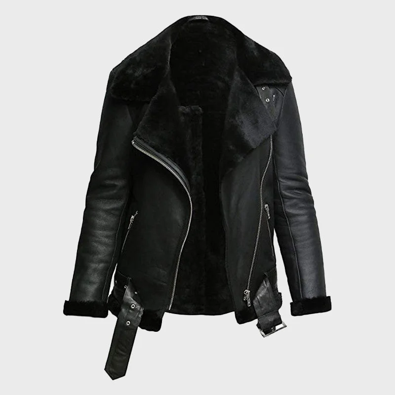 Women's Black Real Sheepskin Leather Flying Jacket One-Shoulder Jacket Off-the-Shoulder Jacket Asymmetrical Jacket